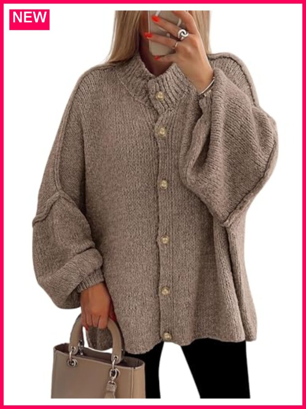 Womens Oversized Chunky Knit Cardigan Sweater Button Down Mock Neck